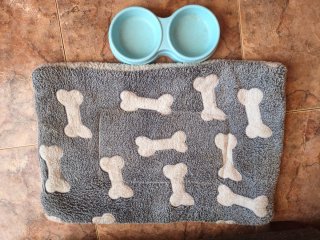 Cama para perro y cuenco doble azul