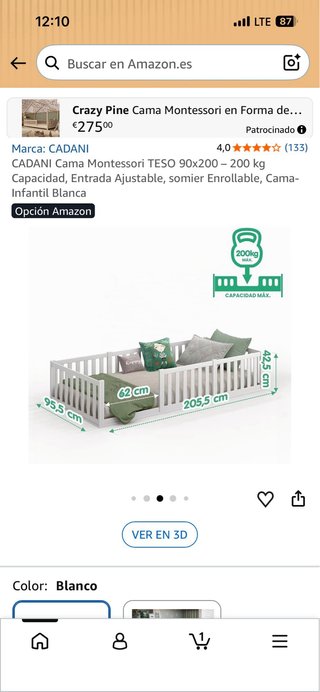 Cama Montessori Blanca 90cm + Colchón