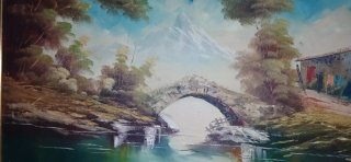 Cuadro antiguo paisaje puente casa