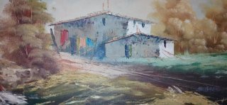 Cuadro antiguo paisaje puente casa