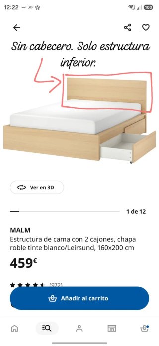 Cama Ikea MALM con somier de madera