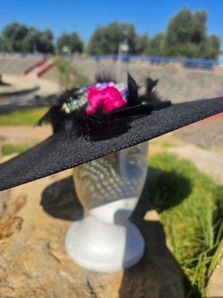 Pamela negra con bordados y plumas