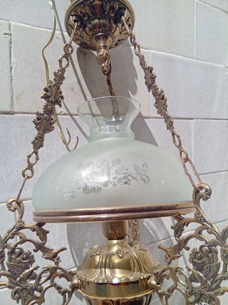 Lámpara colgante antigua de latón y cristal