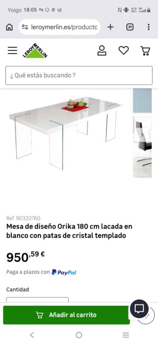 Mesa comedor blanca lacada patas cristal
