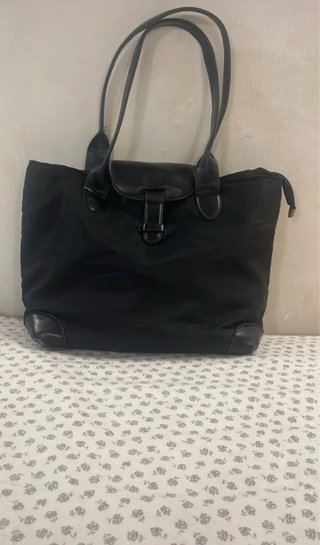 Borsa tote nera in tessuto e pelle