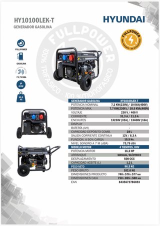 Generador Gasolina Hyundai HY10100LEK-T