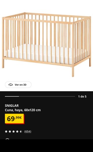 Cuna de madera con protecctor, colchón y 2 bajeras