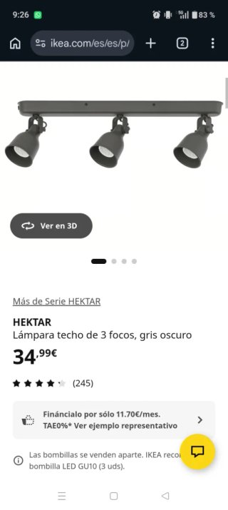 Lámpara de techo Ikea 3 focos + 3 bombillas
