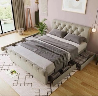 Cama doble beige con cajones
