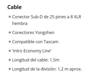 Cable Cordial TASCAM D-SUB 25 pines a XLR