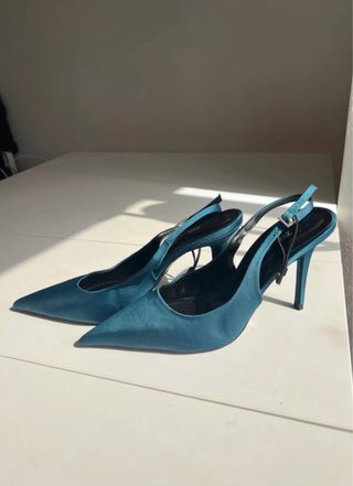 Zapatos Zara Slingback Satén Azul Petroleo-Nuevos