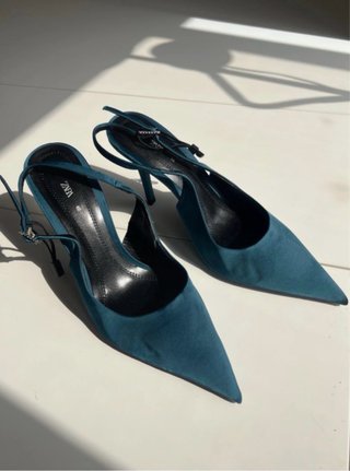 Zapatos Zara Slingback Satén Azul Petroleo-Nuevos