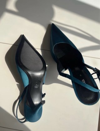 Zapatos Zara Slingback Satén Azul Petroleo-Nuevos