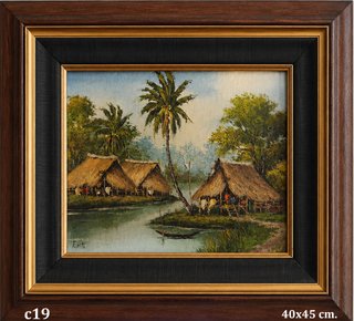 Óleo Paisaje Tropical con Chozas