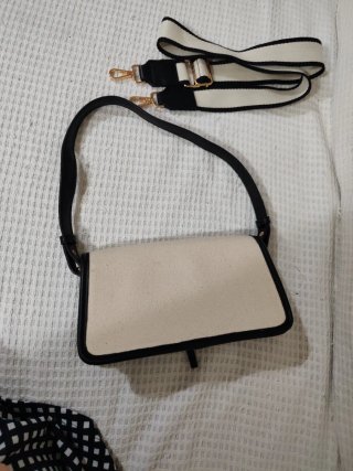 Bolso de lino beige y negro doble tira.