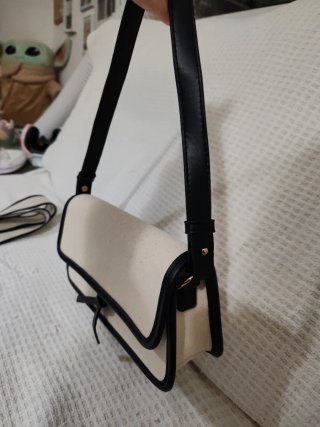 Bolso de lino beige y negro doble tira.