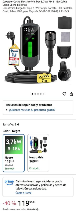 NUEVO Cargador Coche Eléctrico Wallbox 3,7kW 7M