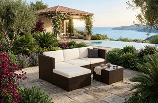Conjunto sofá ratán + mesa centro cristal