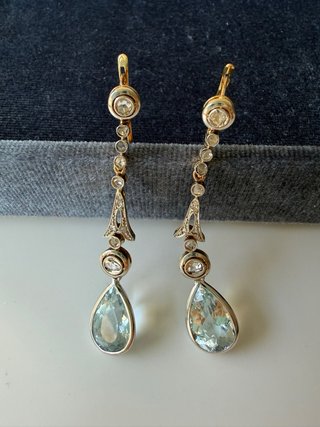 Pendientes antiguos diamantes y aguamarinas