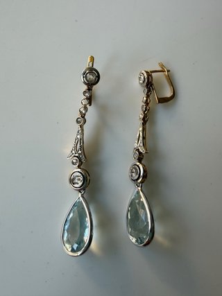 Pendientes antiguos diamantes y aguamarinas