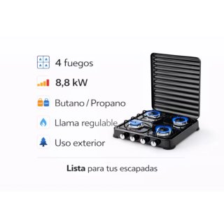 Hornillo portátil 4 fuegos con grill