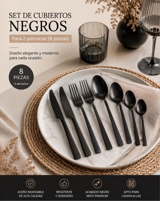 Set 8 Cubiertos Negros para 2 personas