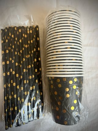 Pack Fiesta Vasos y Pajitas Lunares Negro/Dorado