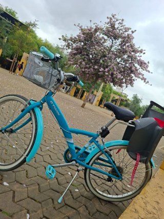 Bicicleta Btwin azul con silla para niño