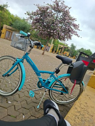 Bicicleta Btwin azul con silla para niño