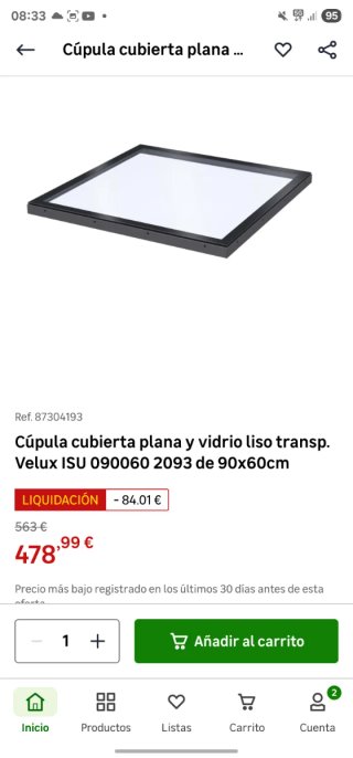 Cúpula cubierta plana Velux 90x60cm