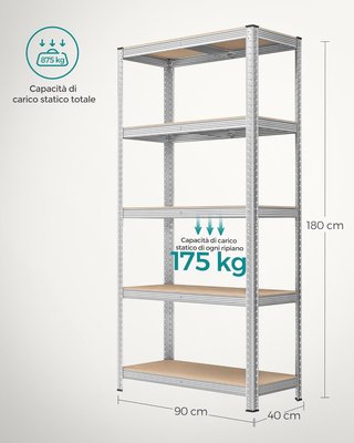 Juego de 2 Estanterías de Metal, Estanterías de 5 Estantes Ajustables, Sin Tornillos, Estante Ahorra Espacio para Garaje, Almacén, Capacidad de 875 Kg, 40 X 90 X 180 Cm, Plata GLR040E02