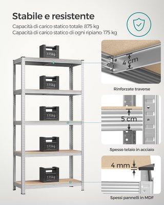 Juego de 2 Estanterías de Metal, Estanterías de 5 Estantes Ajustables, Sin Tornillos, Estante Ahorra Espacio para Garaje, Almacén, Capacidad de 875 Kg, 40 X 90 X 180 Cm, Plata GLR040E02