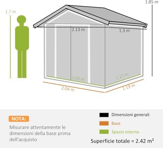 Caseta De Jardín 2.5M² de Acero Galvanizado Con Base Y Salidas De Aire, Cobertizo Para Herramientas Con Techo Inclinado, Doble Puertas Correderas Bloqueables, 213X130X185 Cm, Gris