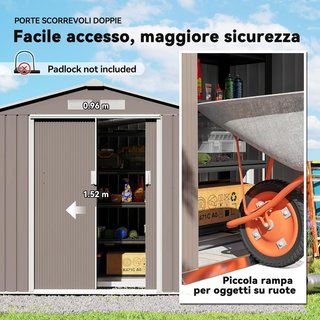 Caseta De Jardín 2.5M² de Acero Galvanizado Con Base Y Salidas De Aire, Cobertizo Para Herramientas Con Techo Inclinado, Doble Puertas Correderas Bloqueables, 213X130X185 Cm, Gris