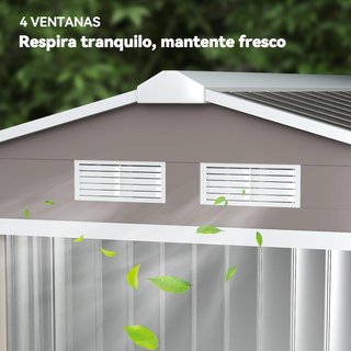 Caseta De Jardín 2.5M² de Acero Galvanizado Con Base Y Salidas De Aire, Cobertizo Para Herramientas Con Techo Inclinado, Doble Puertas Correderas Bloqueables, 213X130X185 Cm, Gris