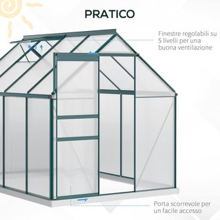 Invernadero de Jardín de Policarbonato 190X253X199Cm, Con Ventana Abatible y Puerta Corredera, Estructura de Aluminio, Verde