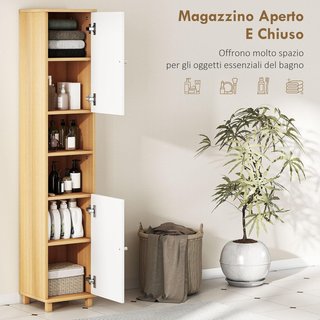 Mueble de Baño de Columna con Puertas, 2 Estantes Abiertos, 2 Armarios, Mueble de Baño Ahorra Espacio con Estantes Regulables para Comedor, Sala de Estar, 30X30X166 Cm, Blanco y Madera