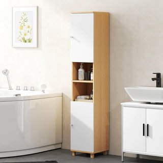 Mueble de Baño de Columna con Puertas, 2 Estantes Abiertos, 2 Armarios, Mueble de Baño Ahorra Espacio con Estantes Regulables para Comedor, Sala de Estar, 30X30X166 Cm, Blanco y Madera