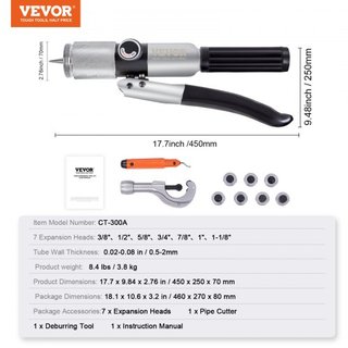 Expansor de Tubos Hidráulico, OD de 3/8" a 1-1/8", Herramienta de Engaste Hidráulico HAVC con 7 Cabezas de Expansor de Tubos, Herramienta de Desbarbado, Cortatubos para Tubos de Cobre, Aluminio, L...