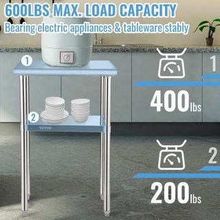 Tavolo di Preparazione in Acciaio Inox, 61 x 46 x 91 cm, Capacità di Carico 272 kg, Tavolo da Lavoro in Metallo Resistente con Ripiano Inferiore e Piedi Regolabili, Stazione di Lavoro Comple...