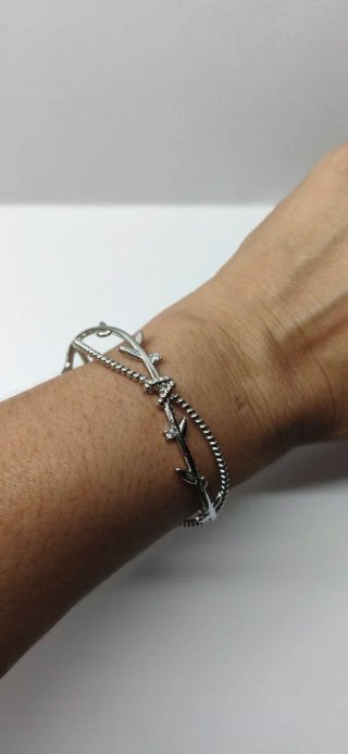 Pulsera Brazalete Plata Hojas y Brillantes