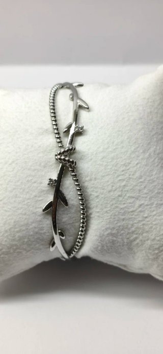 Pulsera Brazalete Plata Hojas y Brillantes