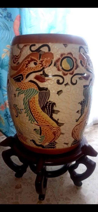 Taburete Cerámica Dragón Chino Vintage Peana