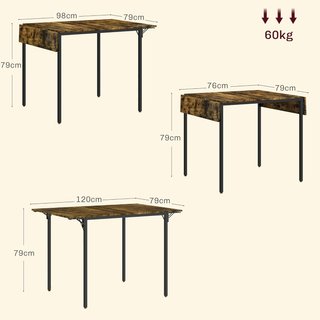 Mesa de Comedor Plegable Estilo Industrial para 2-4 Personas con 2 Lados Extensibles, Mesa Plegable de Cocina para Espacios Pequeños en Madera y Metal, 120X79X79 Cm, Marrón Rústico
