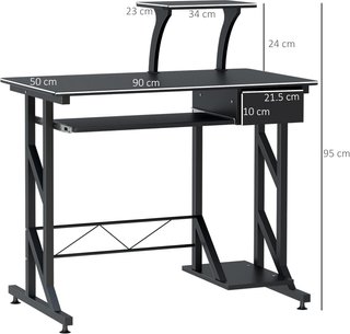 Scrivania per computer in acciaio e legno, scrivania da ufficio con cassetto, scaffale per tastiera estraibile 90 x 50 x 95 cm