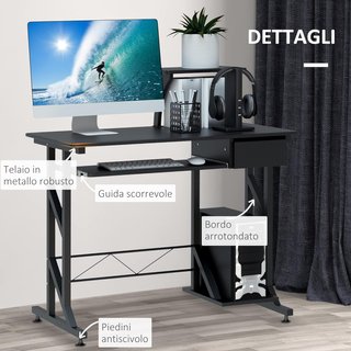 Scrivania per computer in acciaio e legno, scrivania da ufficio con cassetto, scaffale per tastiera estraibile 90 x 50 x 95 cm