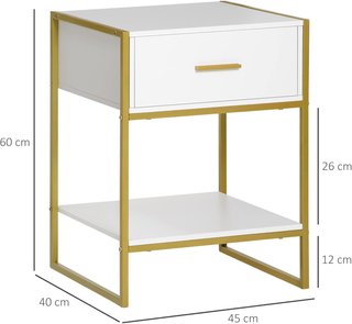 Set di 2 Comodini Moderni, 2 Comodini per Camera da Letto e Soggiorno, con Cassetto e Ripiano Aperto, Design Moderno, in MDF e Acciaio, 45X40X60Cm, Bianco e Oro