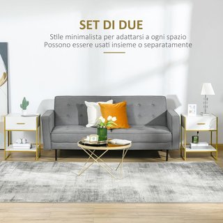 Set di 2 Comodini Moderni, 2 Comodini per Camera da Letto e Soggiorno, con Cassetto e Ripiano Aperto, Design Moderno, in MDF e Acciaio, 45X40X60Cm, Bianco e Oro