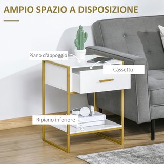 Set di 2 Comodini Moderni, 2 Comodini per Camera da Letto e Soggiorno, con Cassetto e Ripiano Aperto, Design Moderno, in MDF e Acciaio, 45X40X60Cm, Bianco e Oro