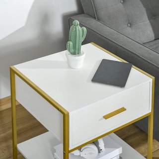 Set di 2 Comodini Moderni, 2 Comodini per Camera da Letto e Soggiorno, con Cassetto e Ripiano Aperto, Design Moderno, in MDF e Acciaio, 45X40X60Cm, Bianco e Oro